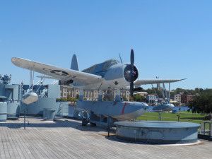 A WWII Kingfisher airplane on the deck of the Battleship North Carolina