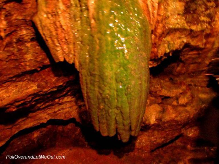 A stalagtite formation that resembles a pickle in Linville Caverns