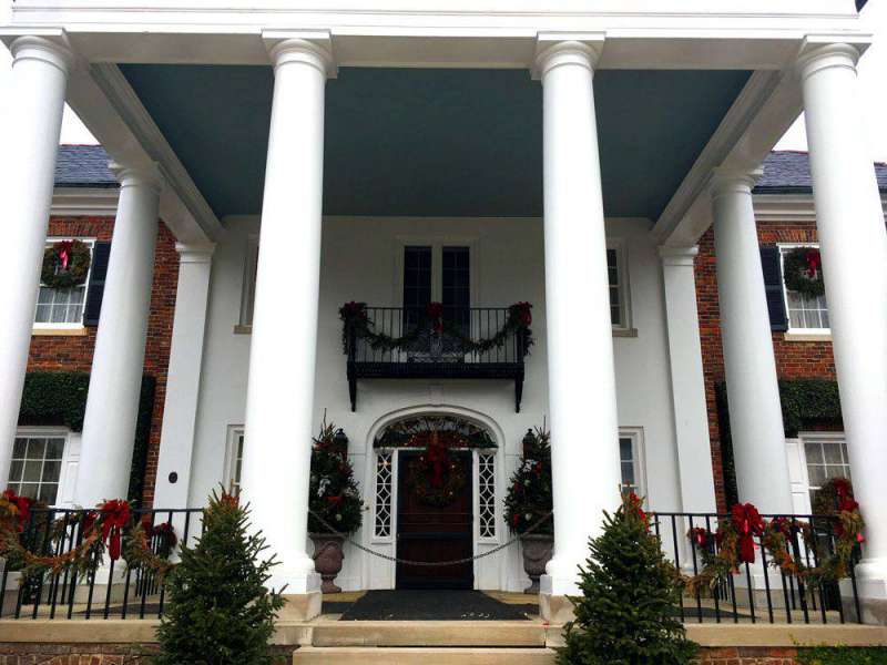 front porch decorated for Christmas at Boone Hall Plantation