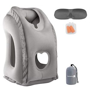 Sunany Inflatable Neck Pillow Used for Airplanes/Cars/Buses/Trains/Office Napping with Free Eye Mask/Earplugs (Gray…