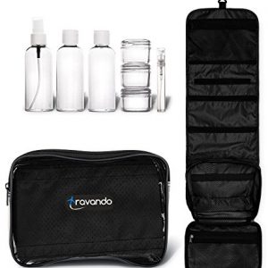 TRAVANDO Hanging Toiletry Bag"FLEXI" + 7 TSA Approved Liquid Bottles - Travel Set for Men and Women - Toilet Kit for Cosmetics, Makeup - Organiser for Suitcase - Wash Bag with Containers (Red)