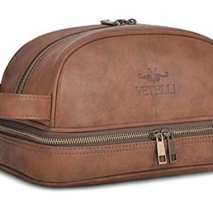 Vetelli Classic Leather Toiletry Bag, Water-Resistant Lining, Perfect Gift And Travel Accessory For Men