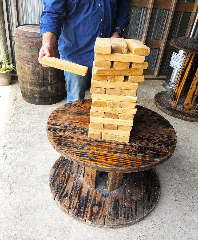 Large Wooden Jenga in the Beer Garden at R&R Brewing in Mt. Olive, NC PullOverAndletmeOut.com