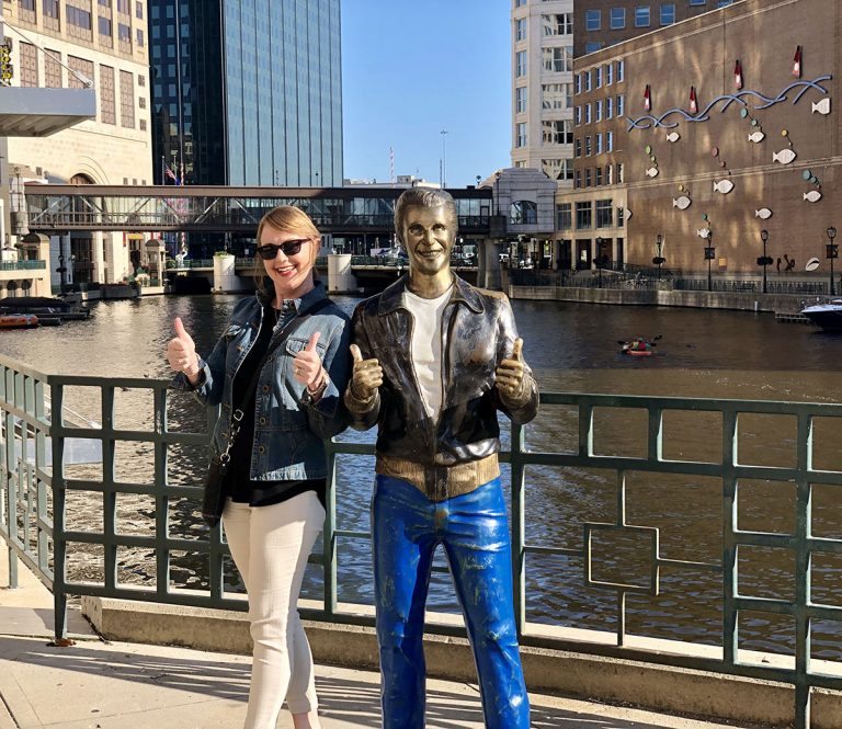 Bronze Fonz statue on the Milwaukee RiverWalk. PullOverAndLetMeOut