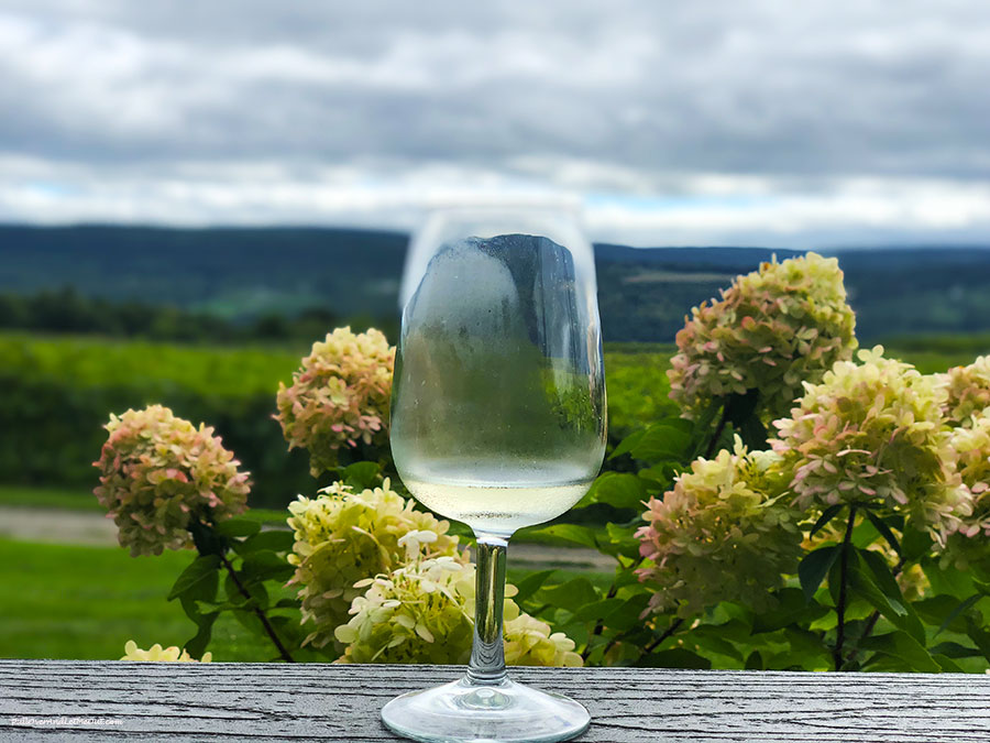 a glass of white wine in front of flowers and a scenic mountain backdrop