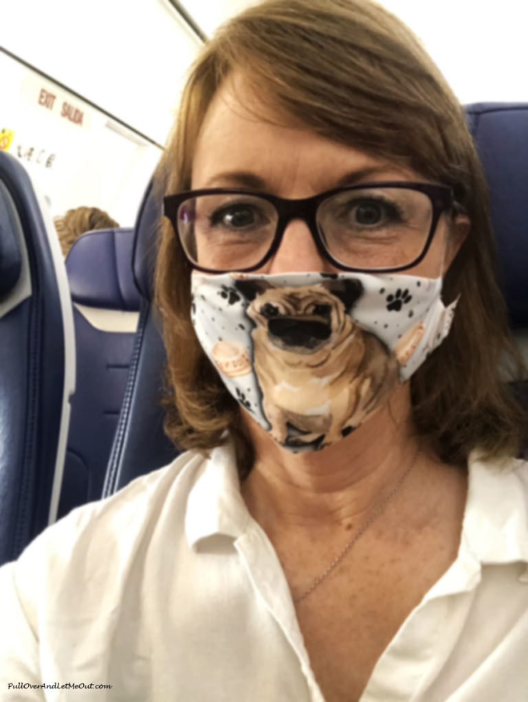 Woman on a plane wearing a mask with a picture of a pug on it.