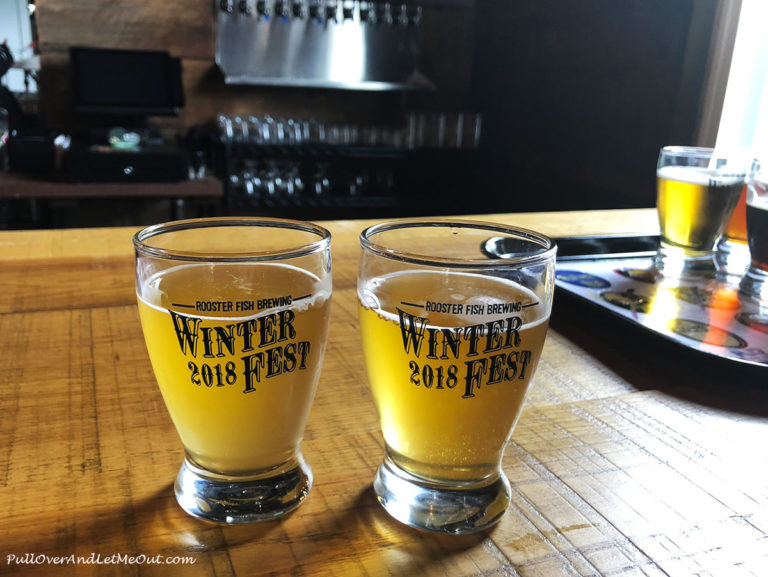 Two small glasses of beer for sampling at Rooster Fish Pub in Watkins Glen NY