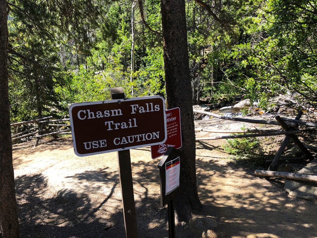 Chasm Falls Trail sign at Rocky Mountain National Park Colorado