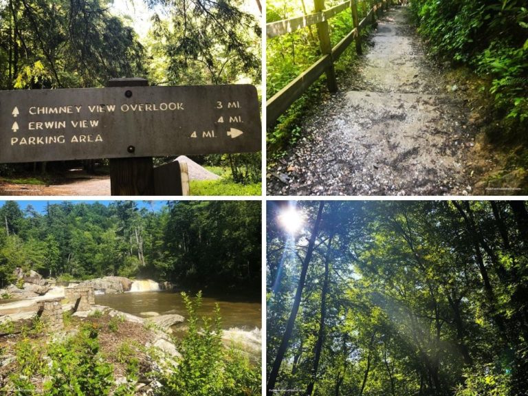 photo collage of four views of Linville Falls