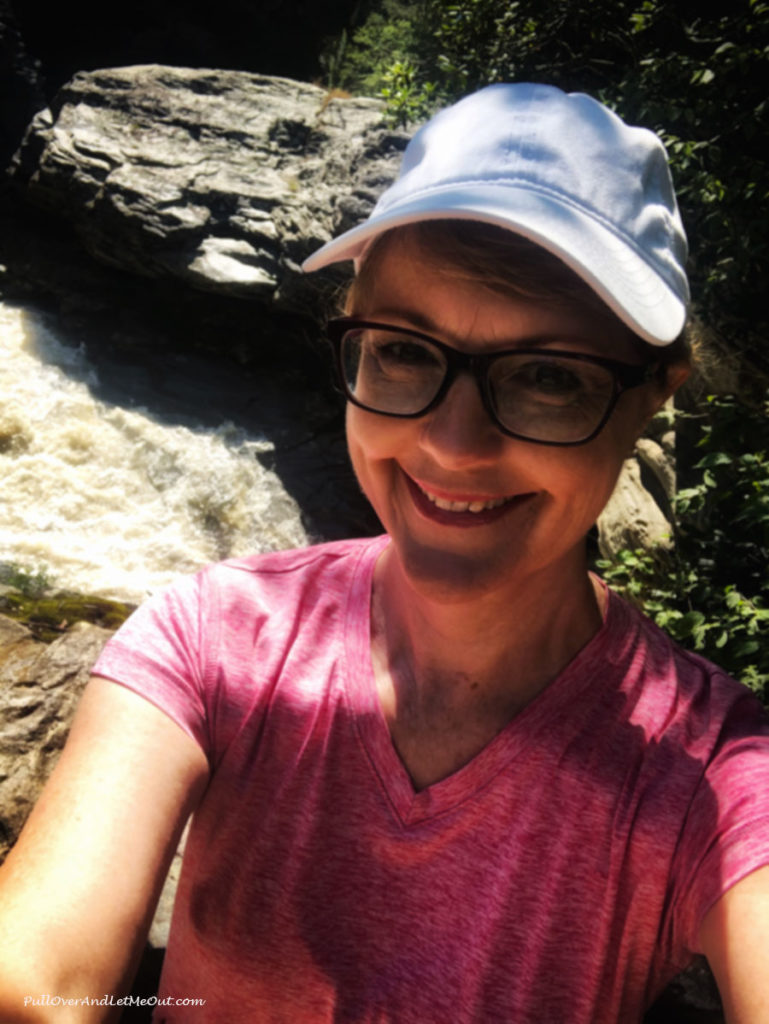 Woman taking selfie in front of Linville Falls, NC