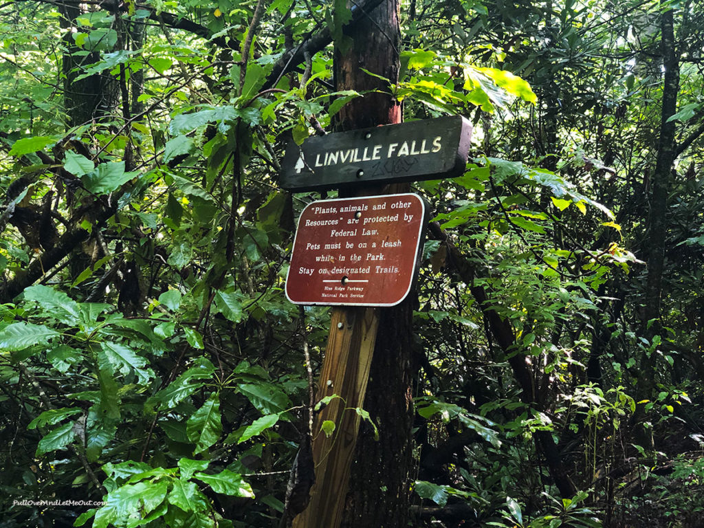 Wooden sign that says Linville Falls