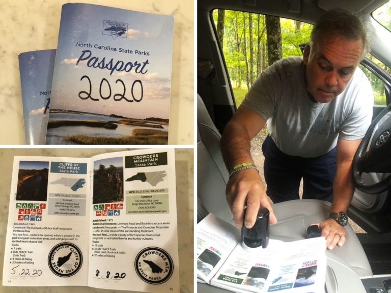 A collage of pictures of the NC state Parks passport and a man stamping his