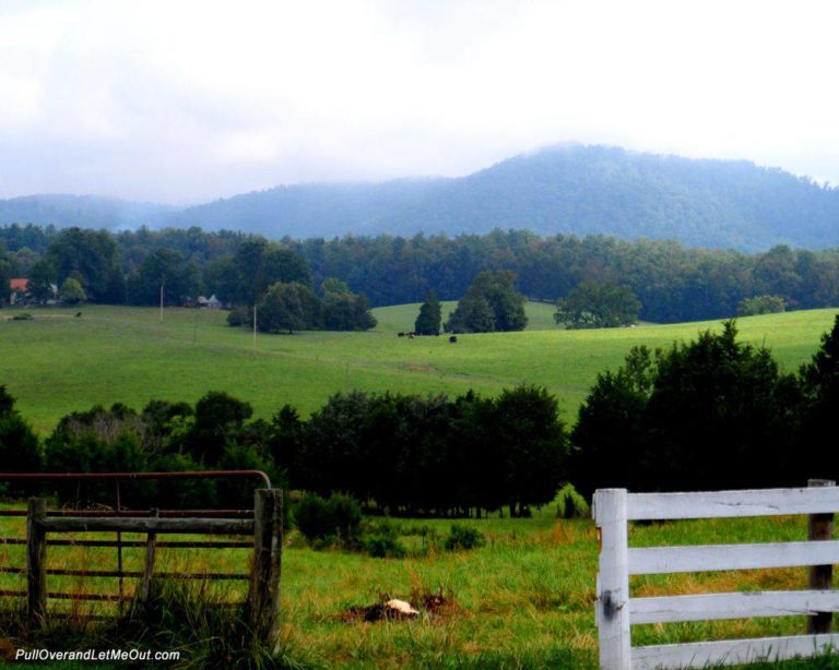 A view of the foothills of the Blue Ridge mountains misty