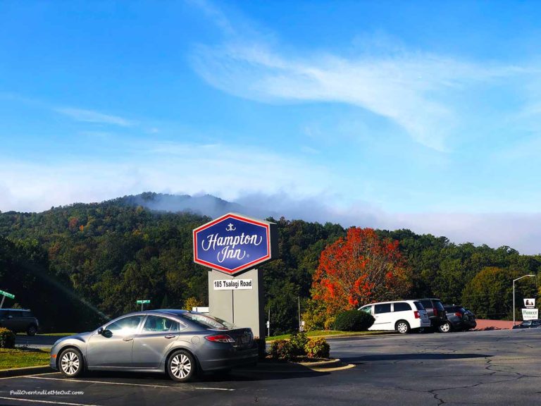 Hampton Inn sign outside hotel in Cherokee, NC PullOverAndLetMeOut