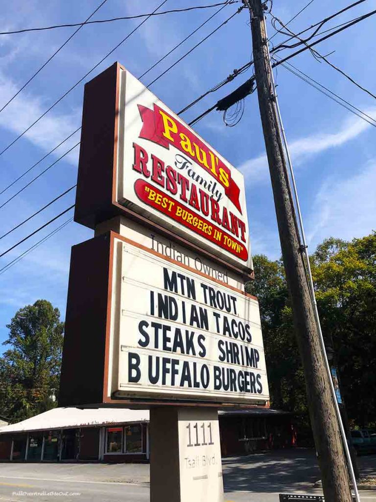 sign at Paul's Family Restuarant in Cherokee, NC PullOverAndLetMeOut