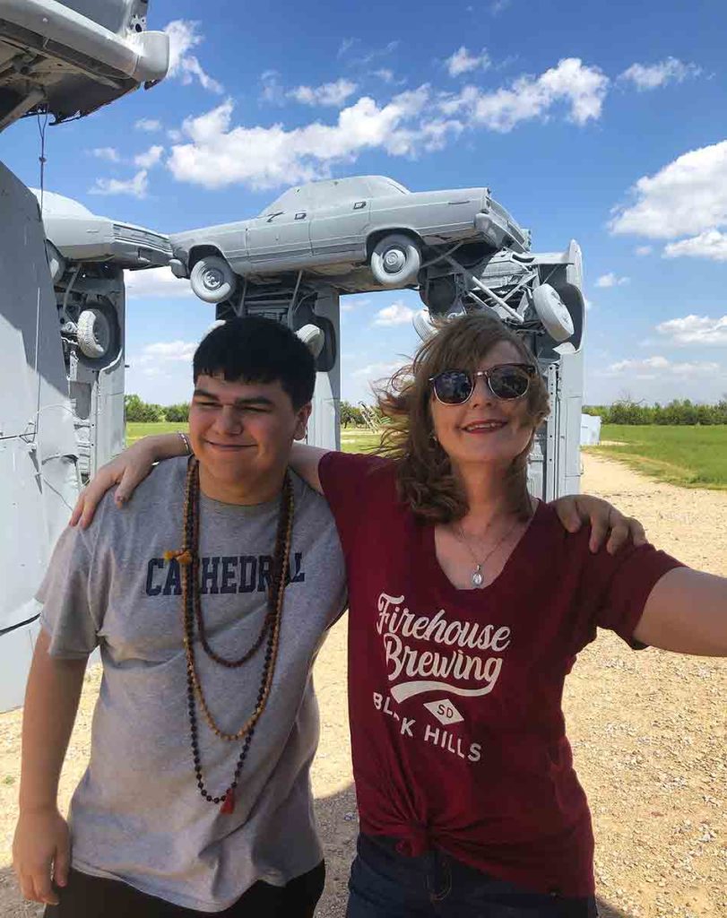 woman and son at Carhenge in Alliance, NE