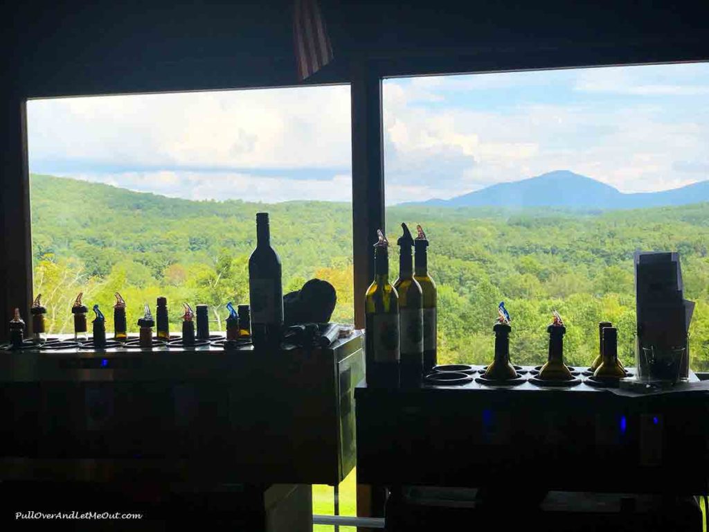 wine bottles in front of a window