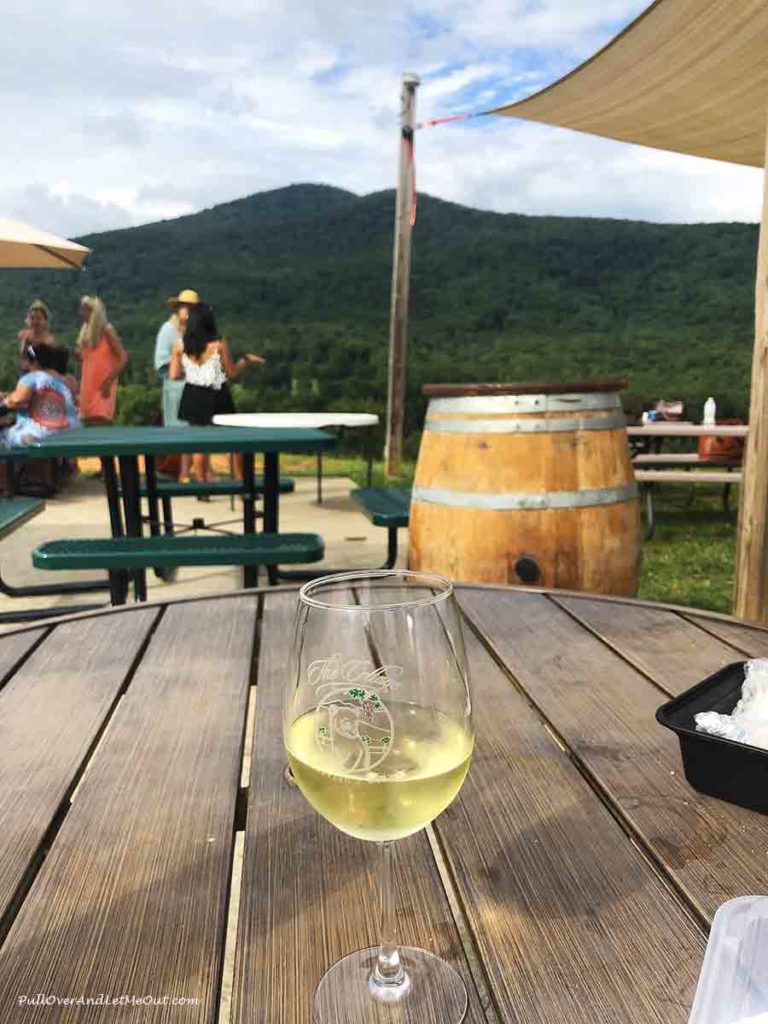 A glass of wine in the foreground of people at a winery
