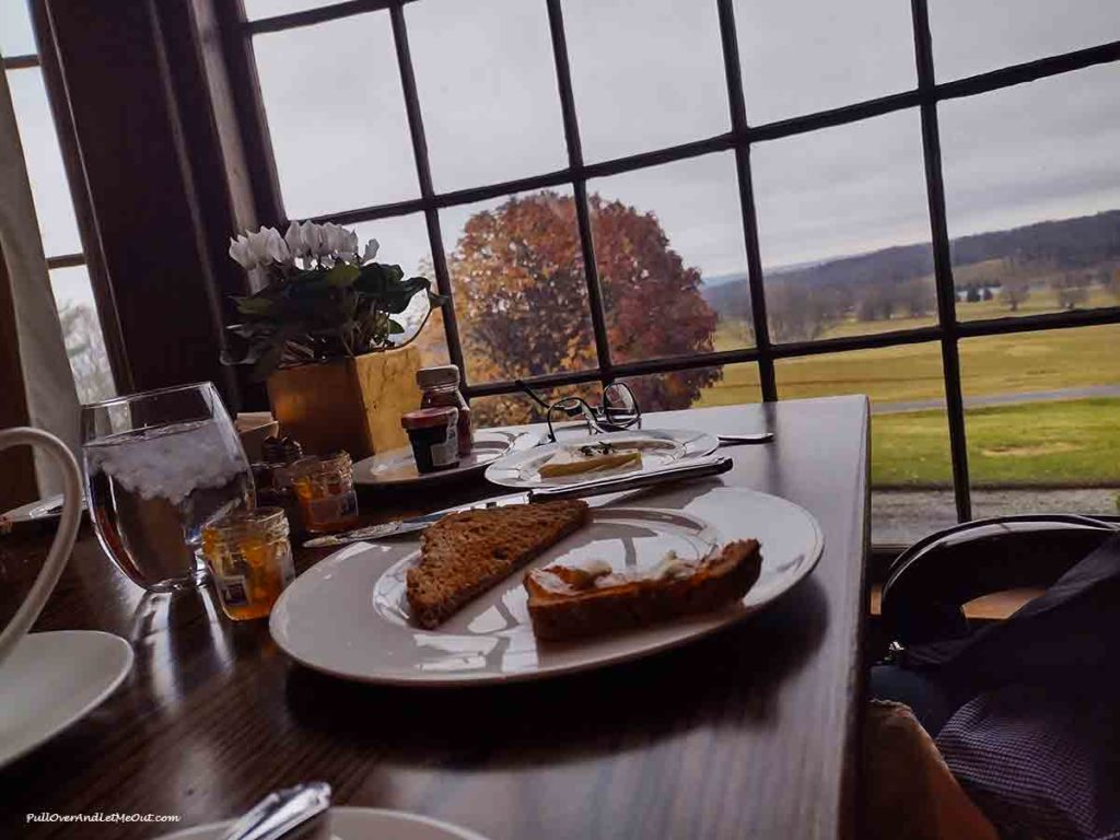 a breakfast plate in front of a large picture window