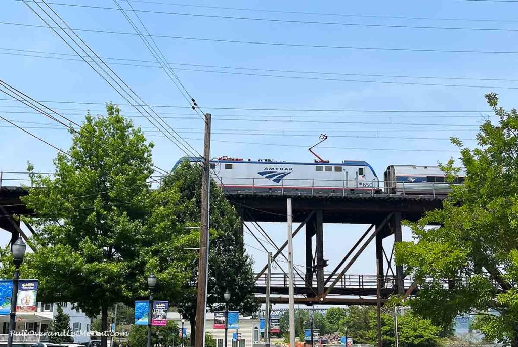 an elevated Amtrak train