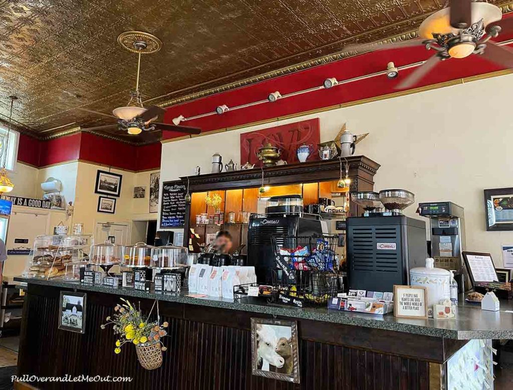 Inside a coffee shop in an historic old building.