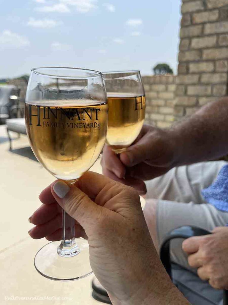 two wine glasses touching in a "cheers" motion