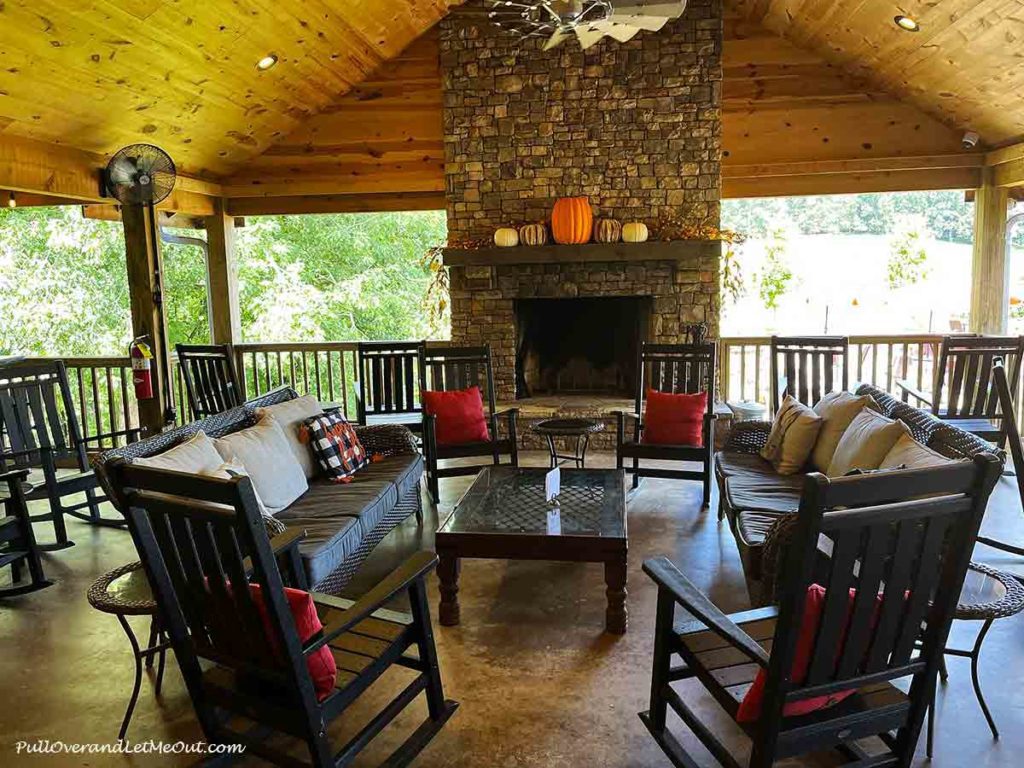 a large stone fire place on a patio