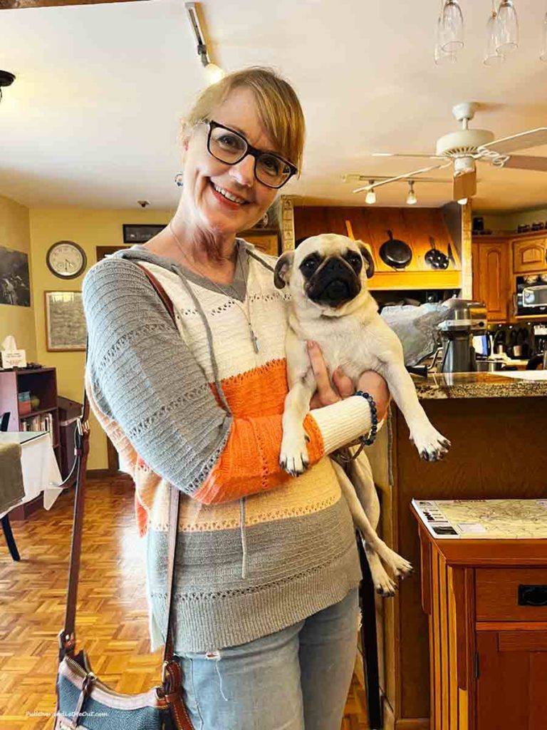 a woman holding a tan pug