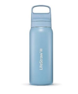 a blue lifestraw water bottle
