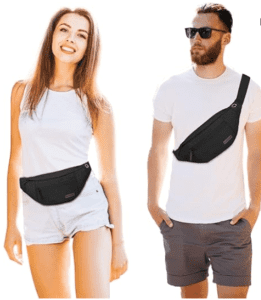 A man and a woman wearing black fanny packs
