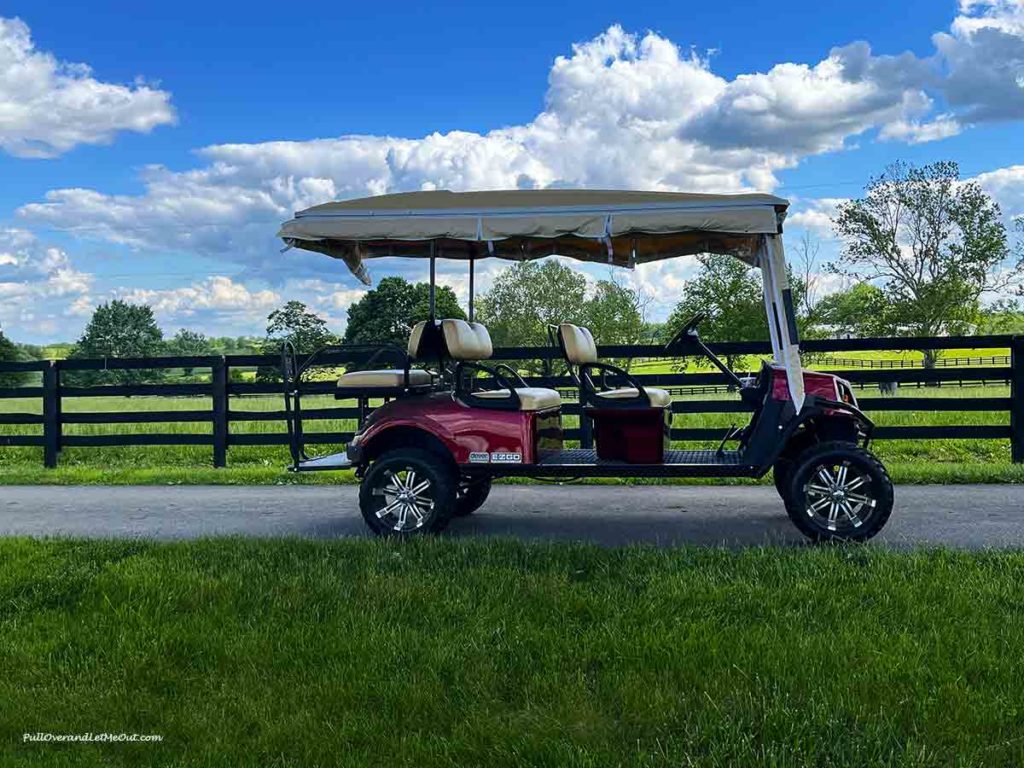 an extra large golf cart with canvas roof