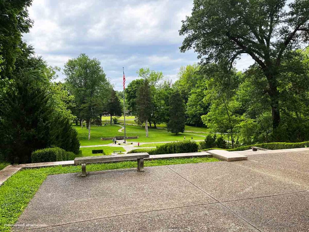 A view of green grass from the top of a long flight of steps