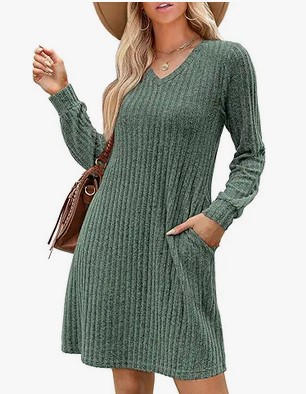 a woman wearing a sage colored knit dress