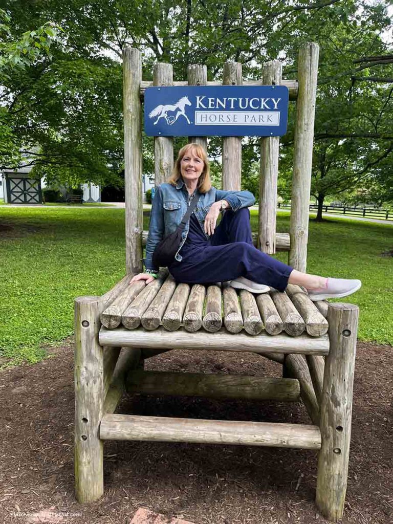 a woman sitting in a giant wooden chair