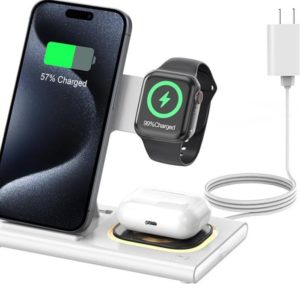 a phone charging station with a phone, watch, and earbuds charging