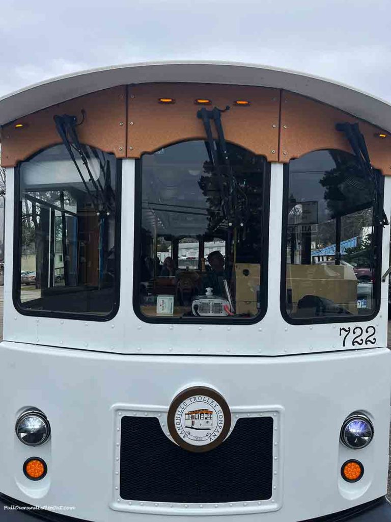 the front of a tolley tour bus