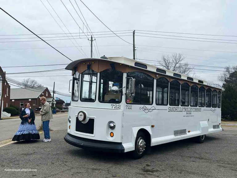 A tour guide and passenger outside a trolly bus