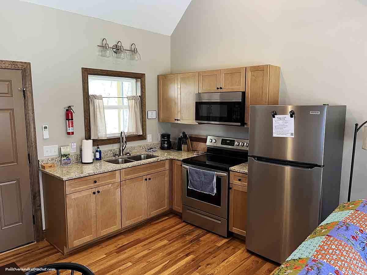 a kitchen area in a cabin