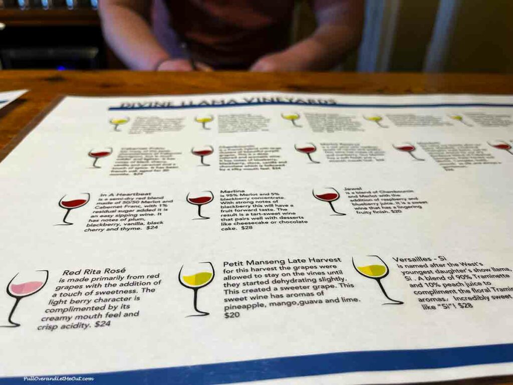 a wine list from Divine Llama Vineyards