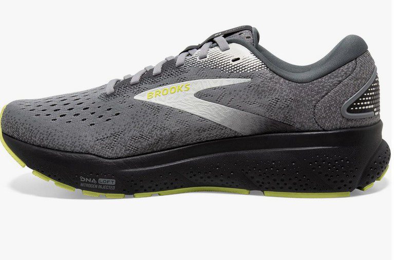 a gray Brooks Ghost running shoe