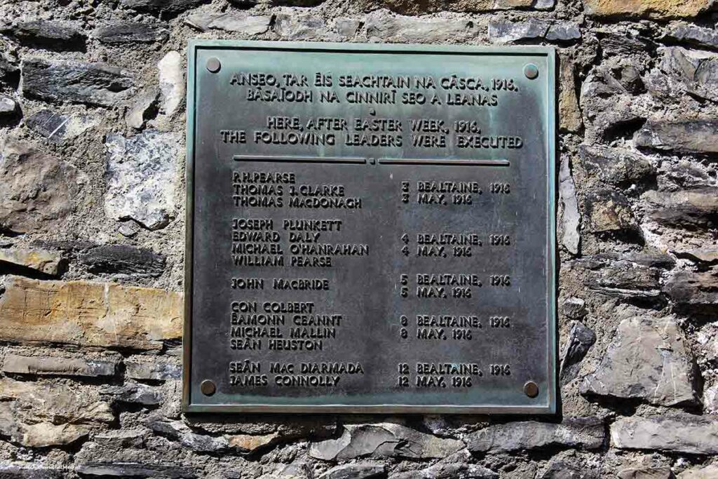 a plaque with the names of executed prisoners on it at Kilmainham Gaol