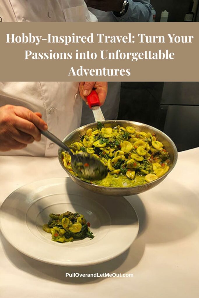 a pinterest pin showing a chef with pasta in a pan