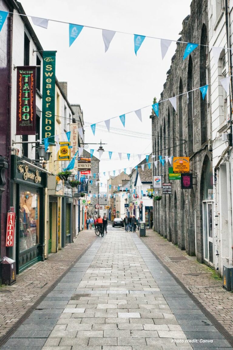 a busy city street in Galway Ireland