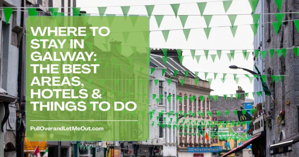 a cover photo of an Irish city street with bunting flags hanging from the buildings in Galway